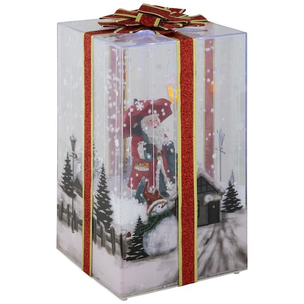 Musical Santa Lighted Snowing Gift Box with Ribbon Christmas Decoration 12 in.