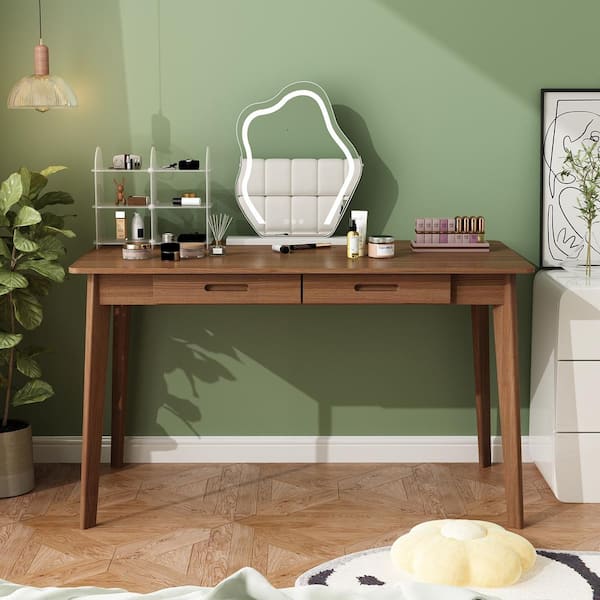FUFU&GAGA 1-Piece Brown Wooden Makeup Vanity, Vanity Table, Dressing Desk with 2 Drawers, 47.2 in. W x 21.7 in. D x 29.5 in. H