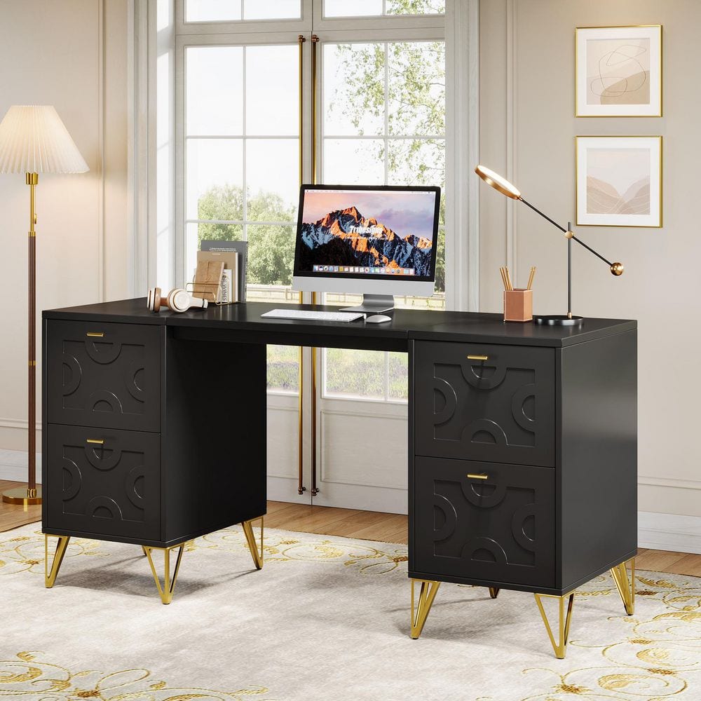 Moronia 59 in. Rectangle Black Computer Desk, 4-Drawer Wood Computer Desk Study Table with Gold Legs for Home Office