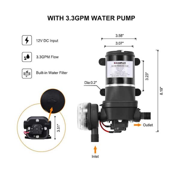 3.3 GPM 12V DC Water Pump, Pressure Water Pump with Strainer Filter