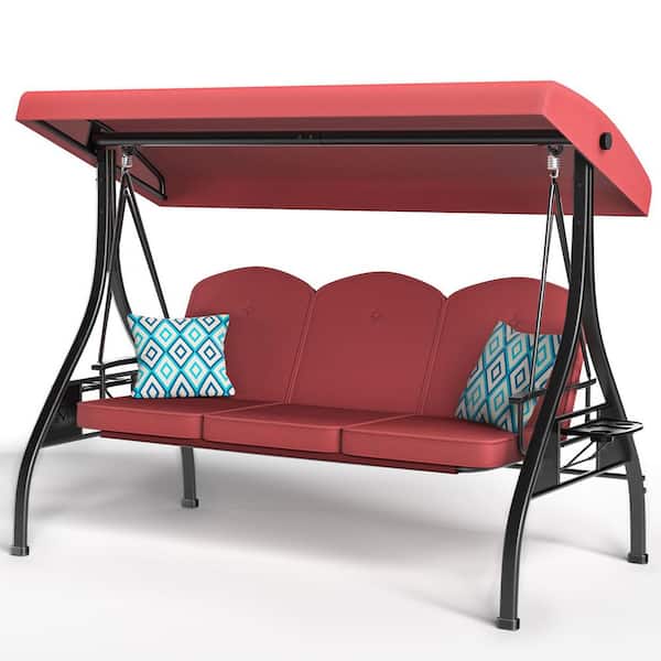 3-Seat Patio Porch Swing Outdoor with Stand Adjustable Canopy Red Wine