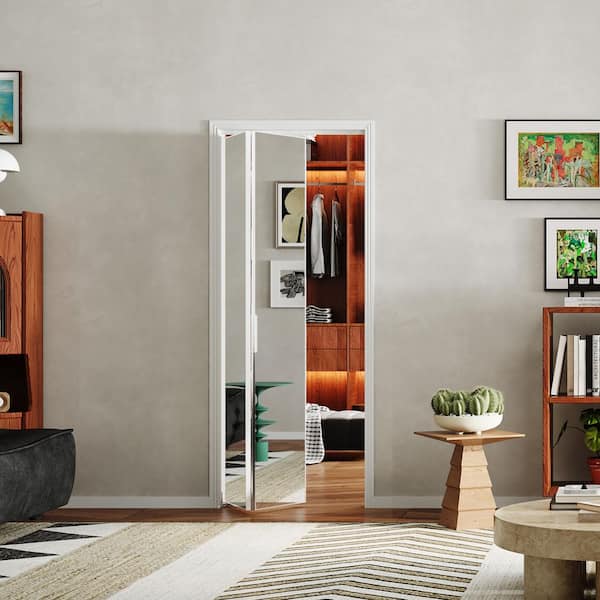 30 in. x 80 in. Full Lite Mirrored Glass, White, Hollow Core, MDF, Aluminum Frame, Bi-fold Door with All Hardware