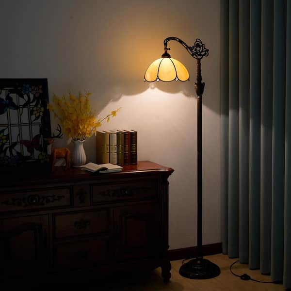 63 in. Tiffany Style Bronze Finish 1-Light Standard Floor Lamp with Beige Stained Glass Lamp Shade
