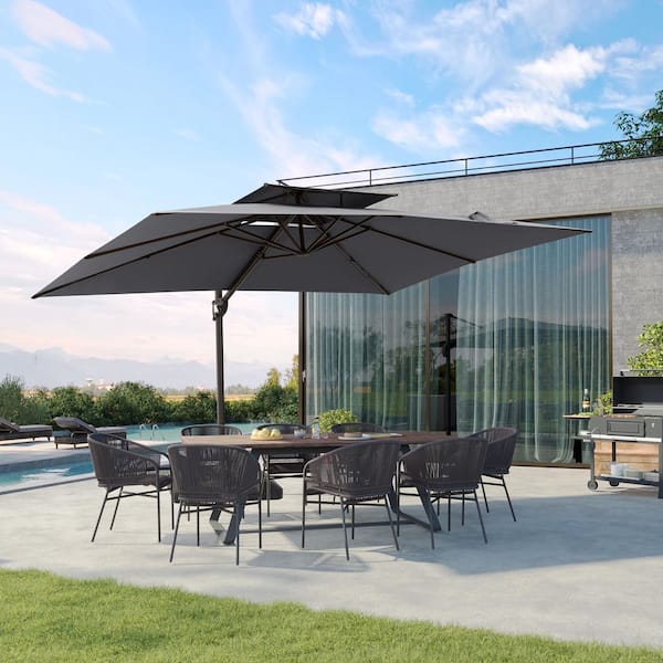 11.5 ft. x 9 ft. Dual Top Outdoor Aluminum 360° Rotation Tilt Cantilever Patio Umbrella in Gray with Stand Weights