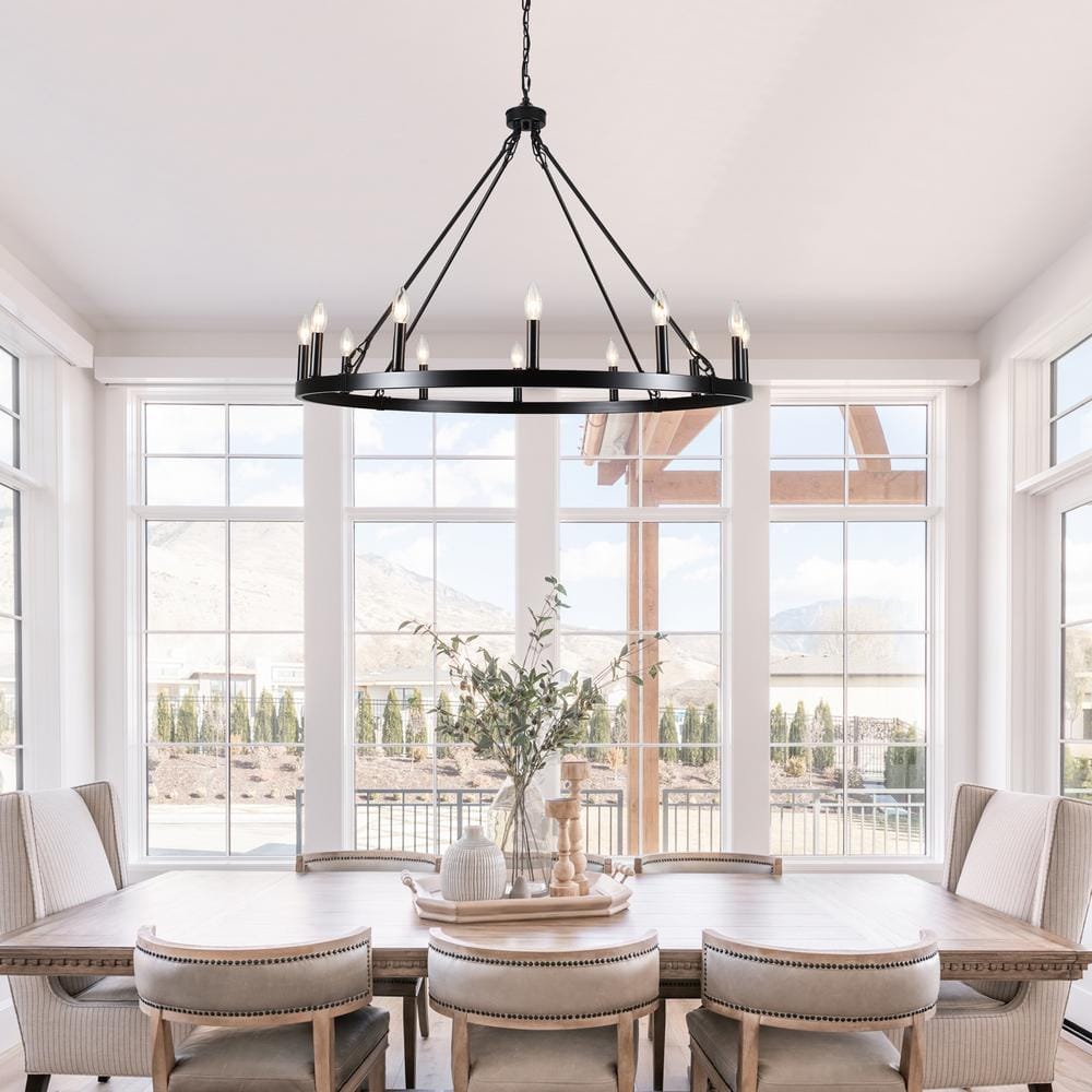 Matte Black Metal 12-Light Candle Style Chandelier