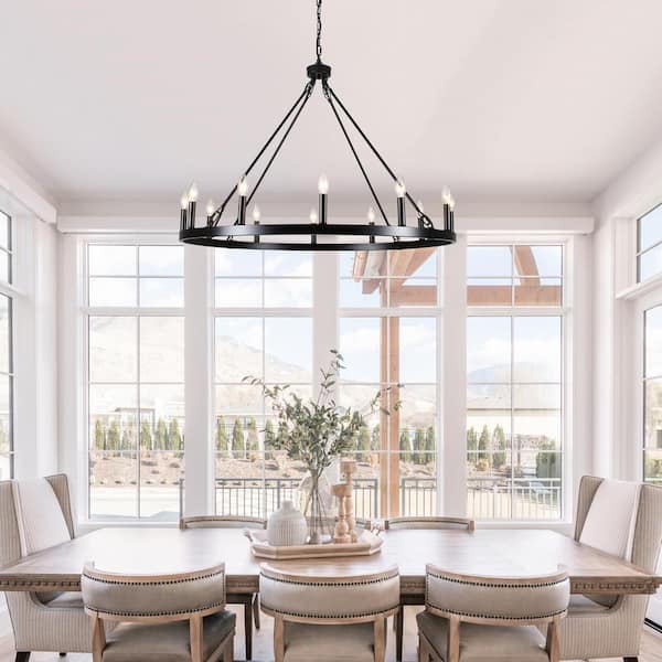 Dineen 12-Light Vintage Matte Black Candle Style Wagon Wheel Chandelier