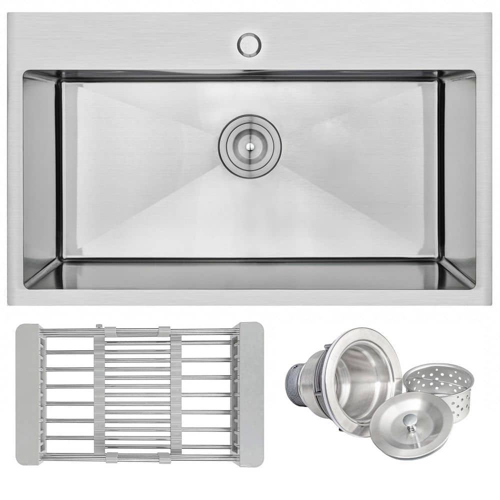 AKDY 33" x 22" x 9" Stainless Steel Top Mount Kitchen Sink 18 Gauge Single Basin w/ Tray Strainer Kit
