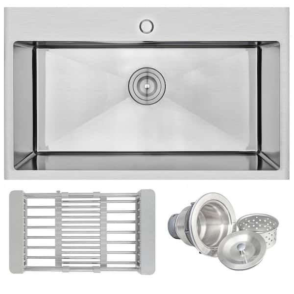 Handmade Drop-in Stainless Steel 33 in. x 22 in. Single Bowl Kitchen Sink with Drying Rack
