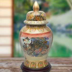 Oriental Furniture 18 in. Rose Medallion Satsuma Peacock Porcelain Temple Jar