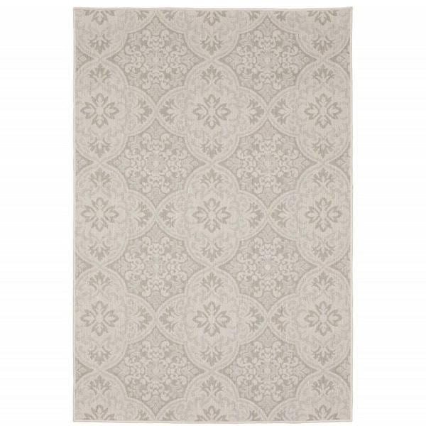 Gray, Ivory 8 ft. x 10 ft. Loomed Floral Polypropylene Rectangle Indoor/Outdoor Area Rug