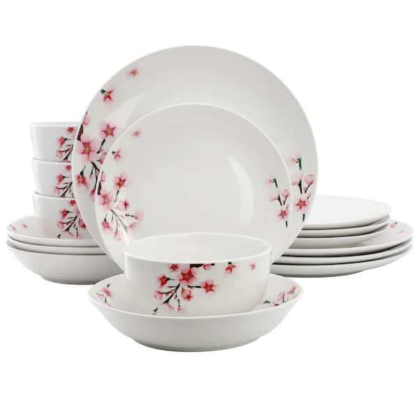 Tamara 16-Piece Cherry Blossom Porcelain Double Bowl Dinnerware Set, Service for 4 in White and Pink