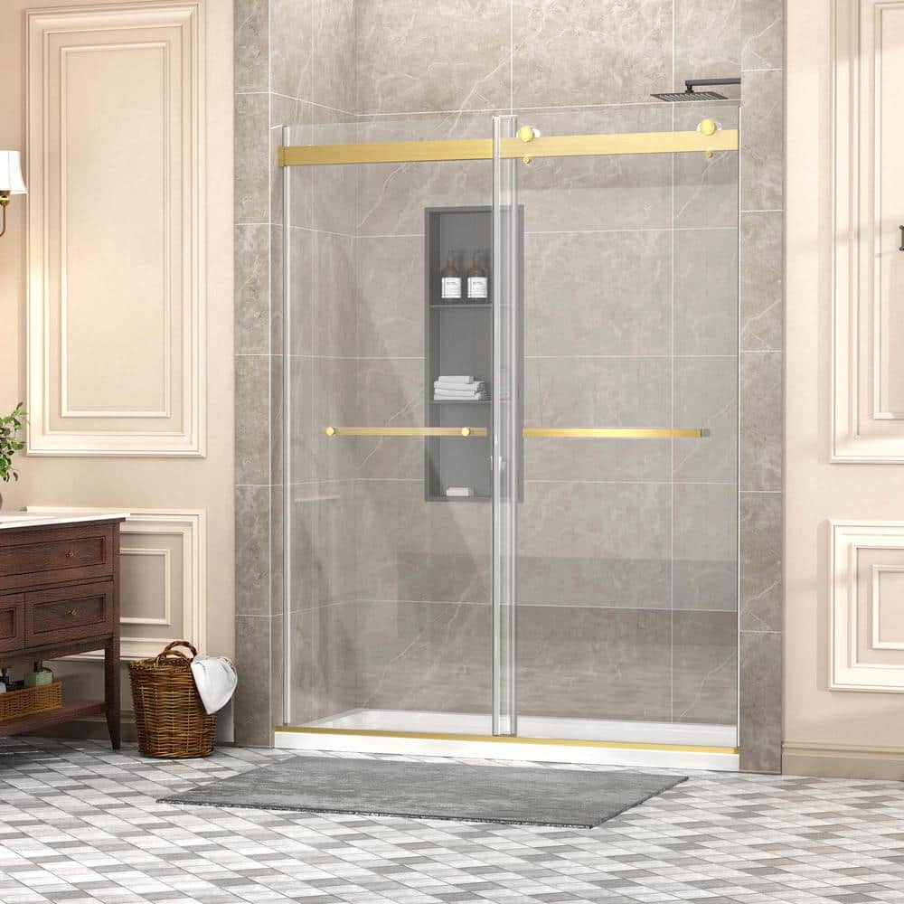 56 in. to 60 in. W x 75 in. H Double Sliding Frameless Shower Door in Brush