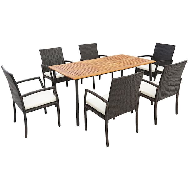 Costway 7Piece Wicker Outdoor Dining Set Armchairs Acacia Wood Table with Umbrella Hole and