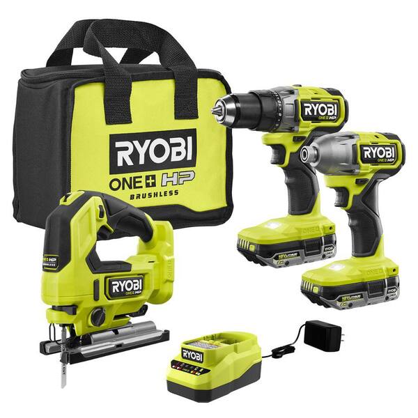 ONE+ 18V Brushless Cordless 4-Tool Combo Kit with (2) 2.0 Ah Batteries, Charger, Bag w/Free Jig Saw ONE+ 18V Brushless Cordless 4-Tool Combo Kit with (2) 2.0 Ah Batteries, Charger, Bag w/Free Jig Saw