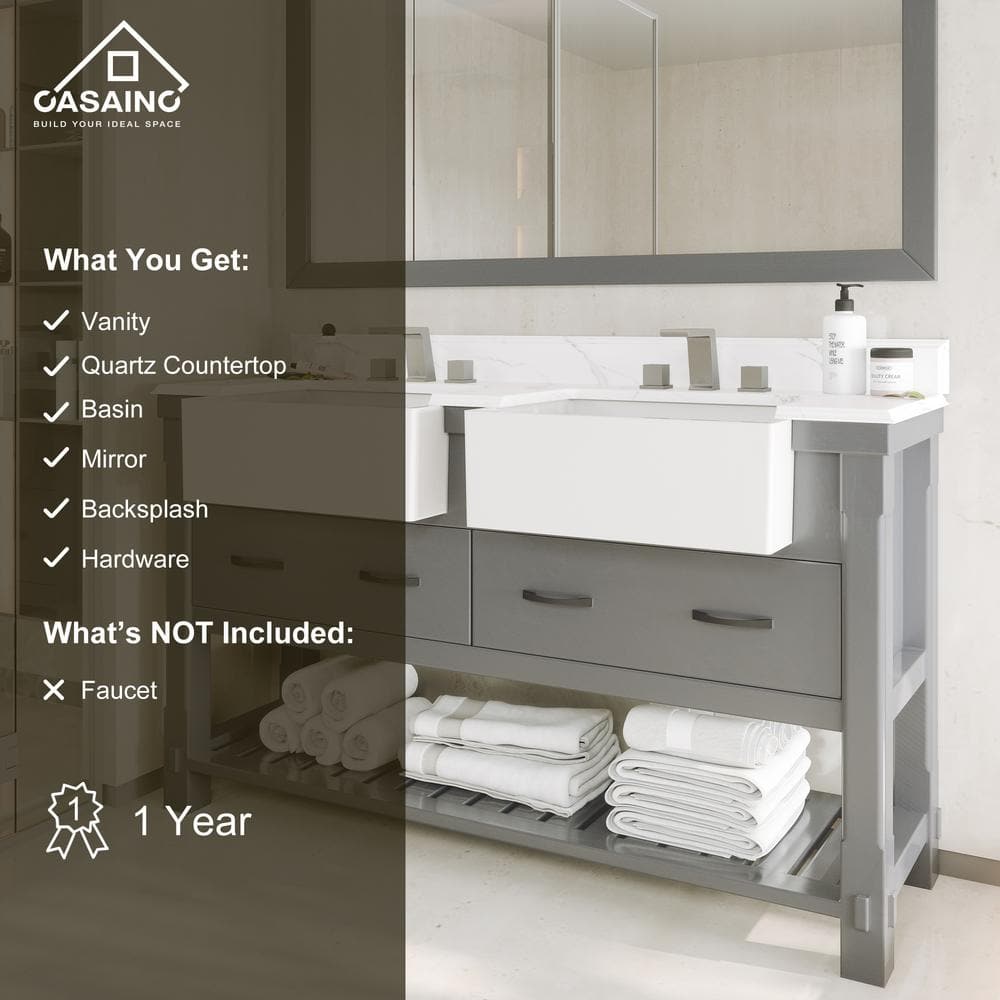 60'' Gray Solid Wood Double Bathroom Vanity with Quartz Top and Mirror