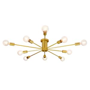 37.7 in. 10-Light Gold Sputnik Flush Mount for Living Dining Room Chandelier Ceiling Light