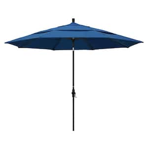 11 ft. Stone Black Aluminum Market Crank Lift Patio Umbrella in Regatta Sunbrella