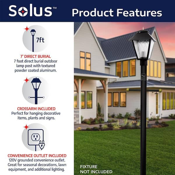 7 ft. Black Outdoor Direct Burial Lamp Post with Cross Arm and Grounded Convenience Outlet fits 3 in. Post Top Fixtures