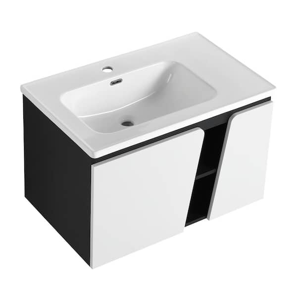 Modland Yunus 31 in. W x 19 in. D x 20 in. H Single Sink Floating Bath Vanity in Black and White with White Ceramic Top