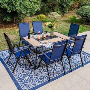 7-Piece Black Metal Patio Outdoor Dining Set with Geometric Rectangle Table and Blue Folding Reclining Sling Chairs