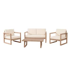 Biljon Brown 4-Piece Wood Patio Conversation Set with Beige Cushions