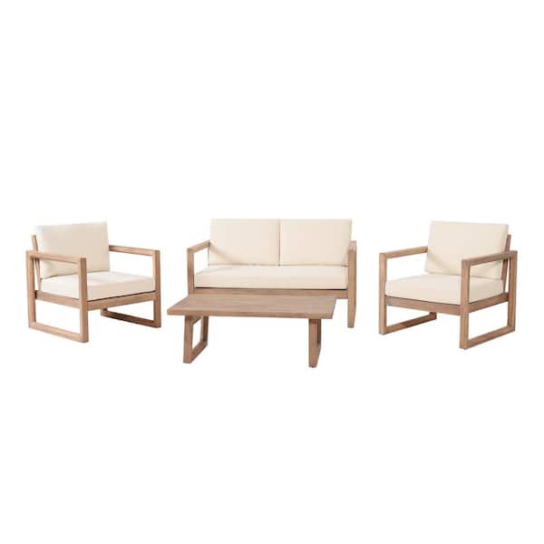 Noble House Biljon Brown 4-Piece Wood Patio Conversation Set with Beige Cushions