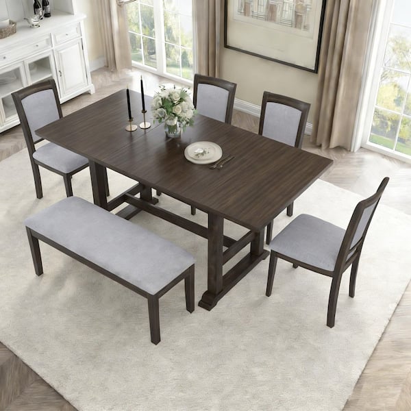 7-Piece Gray Extendable Wood Top Dining Room Set Seats 6