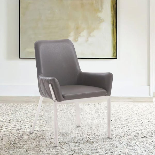 Benjara Gray Leather Flared Armrest Dining Chair