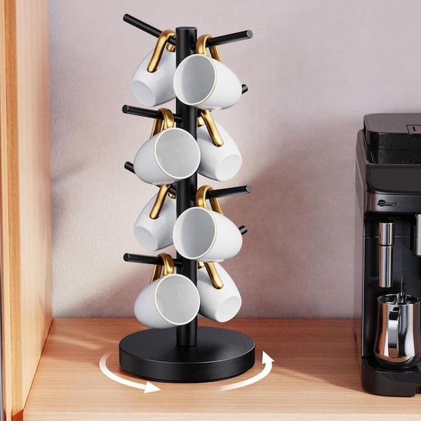Upgraded 8-Hook Black Coffee Mug Tree 360° Rotatable Wooden Stand Organizer Space Saving Counter Rack