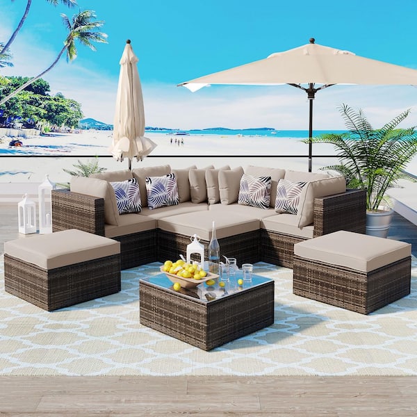 Sudzendf 8-piece Outdoor Wicker Sofa Set, Rattan Sofa Lounger, With Beige Cushion