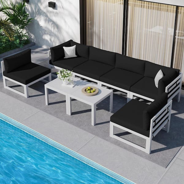 Unbranded White 8-Piece Aluminum Outdoor Patio Conversation Sectional Deep Seating Sofa Set with Tables and Black Cushions