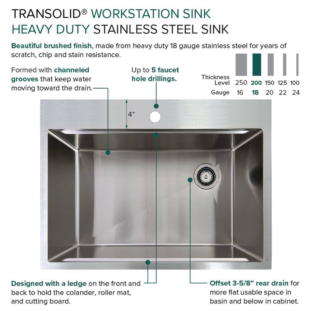30-Inch Stainless Steel Drop-In Kitchen Workstation Sink