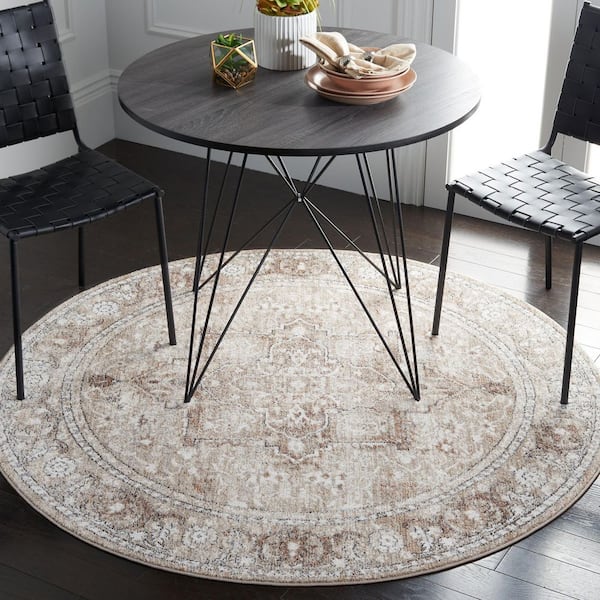 Jasmine 5 ft. x 5 ft. Ivory/Beige Distressed Ornate Round Area Rug