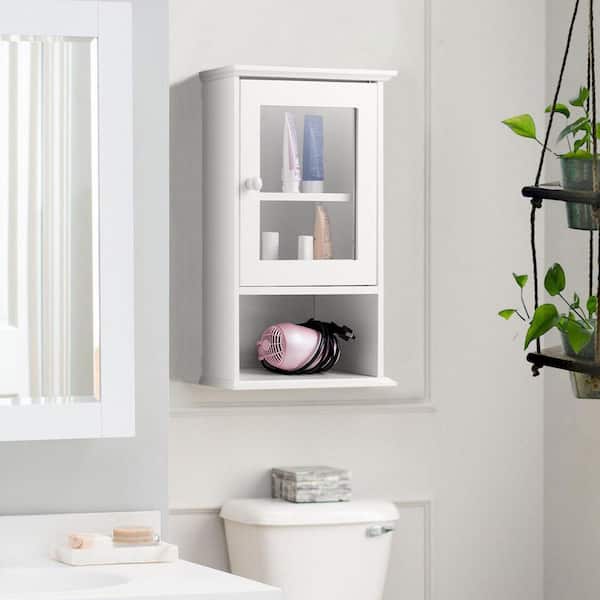 ANGELES HOME 14 in. W x 7 in. D x 20 in. H White Bathroom Wall Cabinet with Adjustable Shelf and Tempered Glass Door