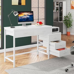 Cassey 51.18 in. Retangular Industrial White Wood 5 Drawer Computer Desk Legs Reversible File Cabinet Printer Stand