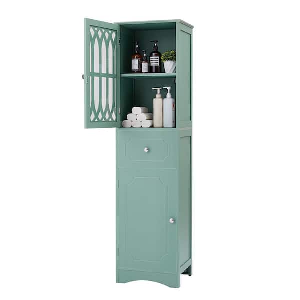 Unbranded 16.5 in. W x 14.2 in. D x 63.8 in. H Green Wood Bathroom Linen Cabinet with Adjustable Shelf, Doors and Drawer