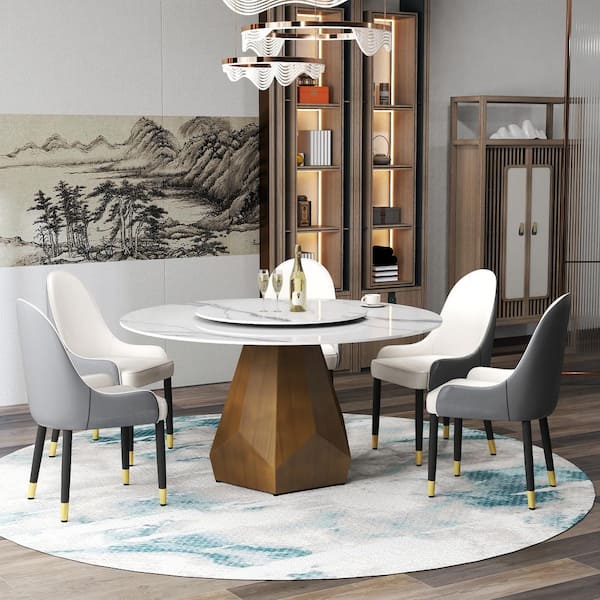 59 in. White Circular Rotable Sintered Stone Tabletop with Lazy Susan Pedestal Base Kitchen Dining Table (Seats-8)