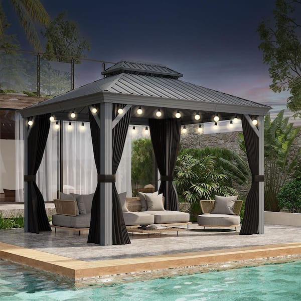 10 ft.x 12 ft.Light Gray Luxury Patio Outdoor Gazebo for Backyard Hardtop Aluminum Frame,Hooks,Curtain,Netting 24-Lights