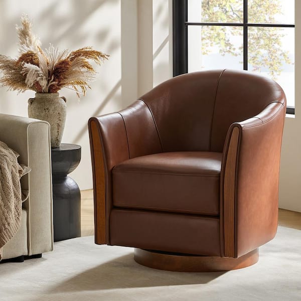 Cristina Brown 29 in. W Transitional Genuine Leather Swivel Barrel Arm Chair with Solid Wood Base