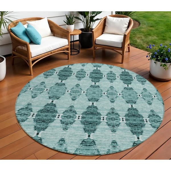Teal Blue, Aqua, Charcoal 8 ft. Round Woven Moroccan Polyester Round Indoor/Outdoor Area Rug