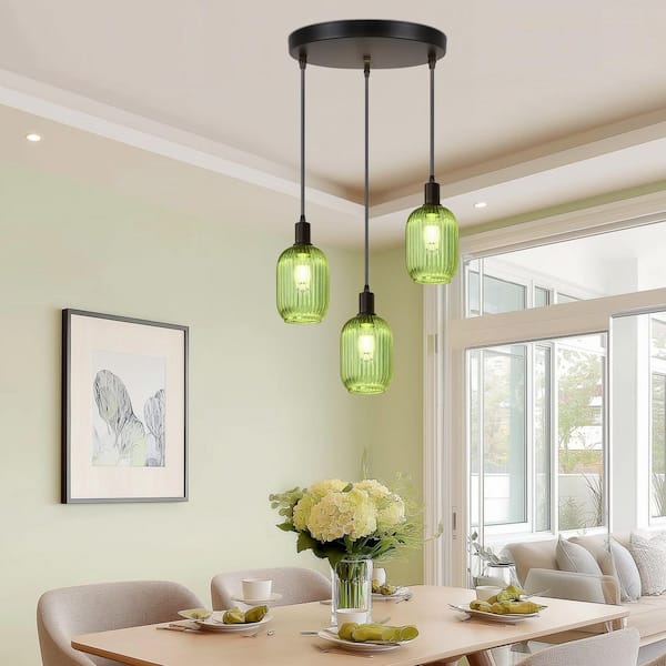 59 in. Modern Green Glass Chandelier, 3-Light Pendant Lighting for Kitchen Island Over Dining Table