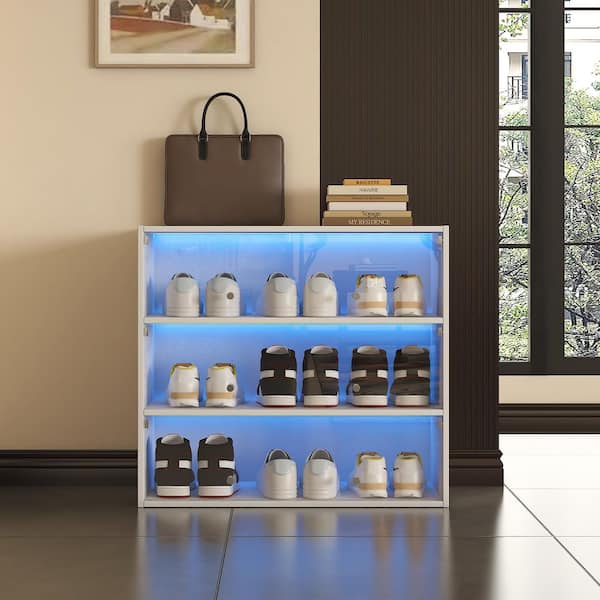 31.3 in. H x 14.76 in. W White 12-Color LED Shoe Storage Cabinet with Glass Doors & Dust Protection