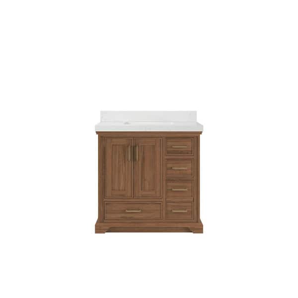 Willow Collections Charlotte Teak 36 in. W x 22 in. D x 36 in. H Center Sink Bath Vanity in Dark Natural with 2 in. Carrara Quartz Top