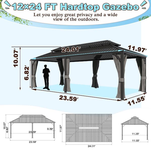 24 ft. W x 12 ft. L Aluminum Double Hardtop Gazebo with Curtains and Netting