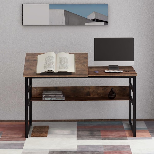 Magic Home 54.3 in. W L-Shape Light Wood Steel Frame and MDF Desktop Computer Desk with 5-Tier Open Bookshelves