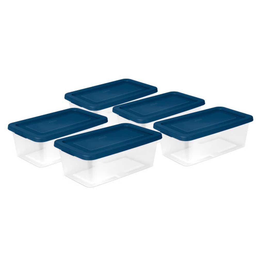 6 qt. Storage Boxes, Clear Plastic Containers with Lid, Set of 5, Blue