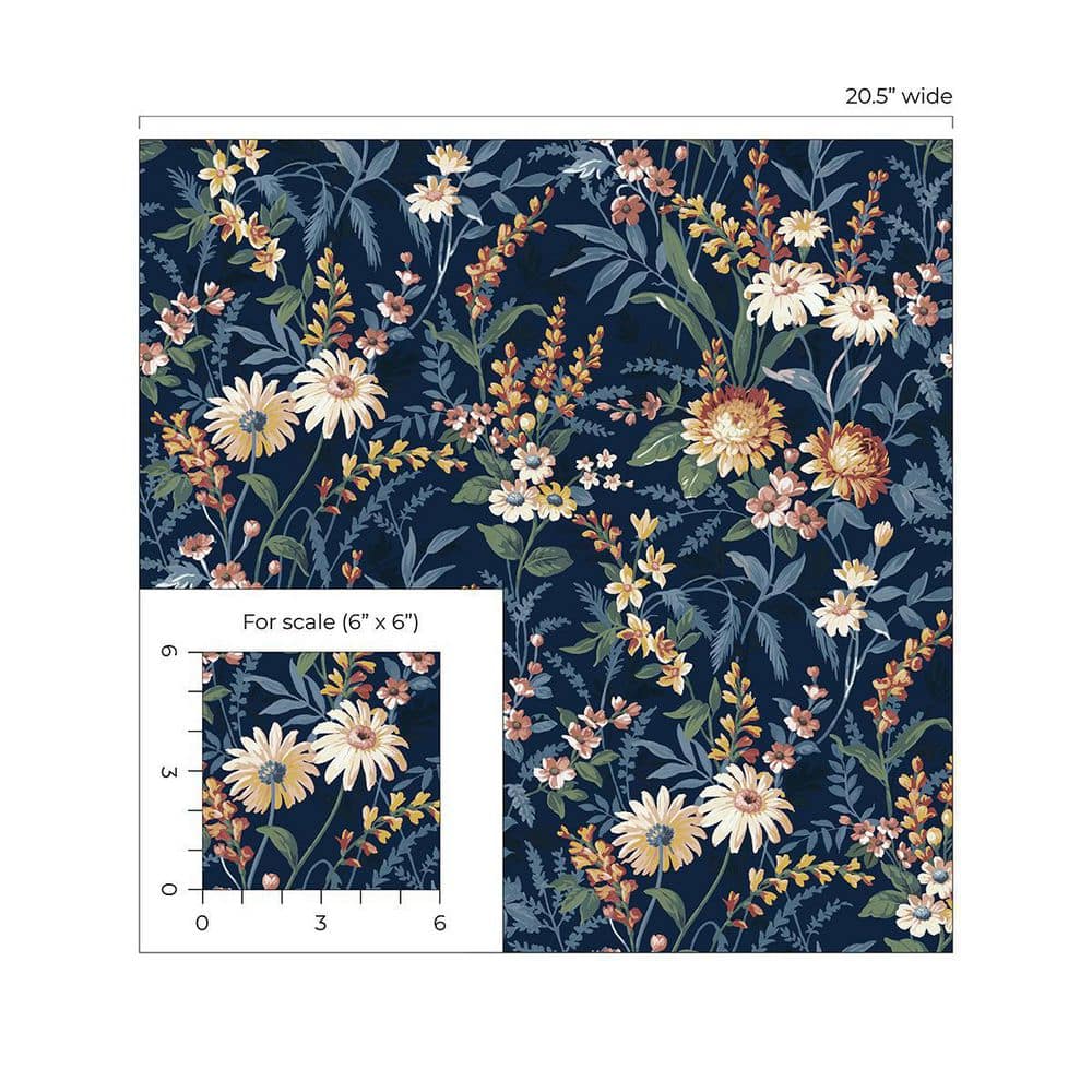 Navy Blue Vinyl Floral Peel and Stick Wallpaper Roll
