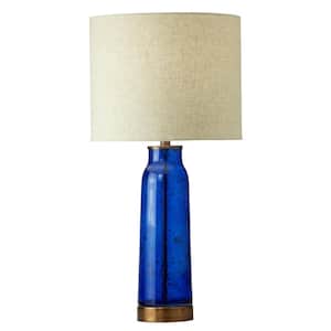 Beck 22 in. Blue and Beige Glass and Metal Table Lamp with Fabric Drum Shade