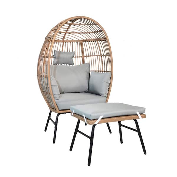 Kahomvis 2-Piece Wicker Outdoor Bistro Set with Footstool, Oversized Patio Egg Chair Set with Blue Cushions, 400 lbs. Capacity