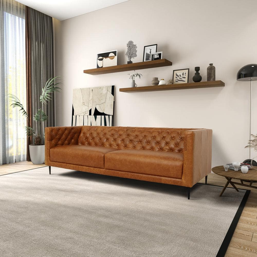 Cognac Tan Tufted Leather Mid-Century Modern Sofa